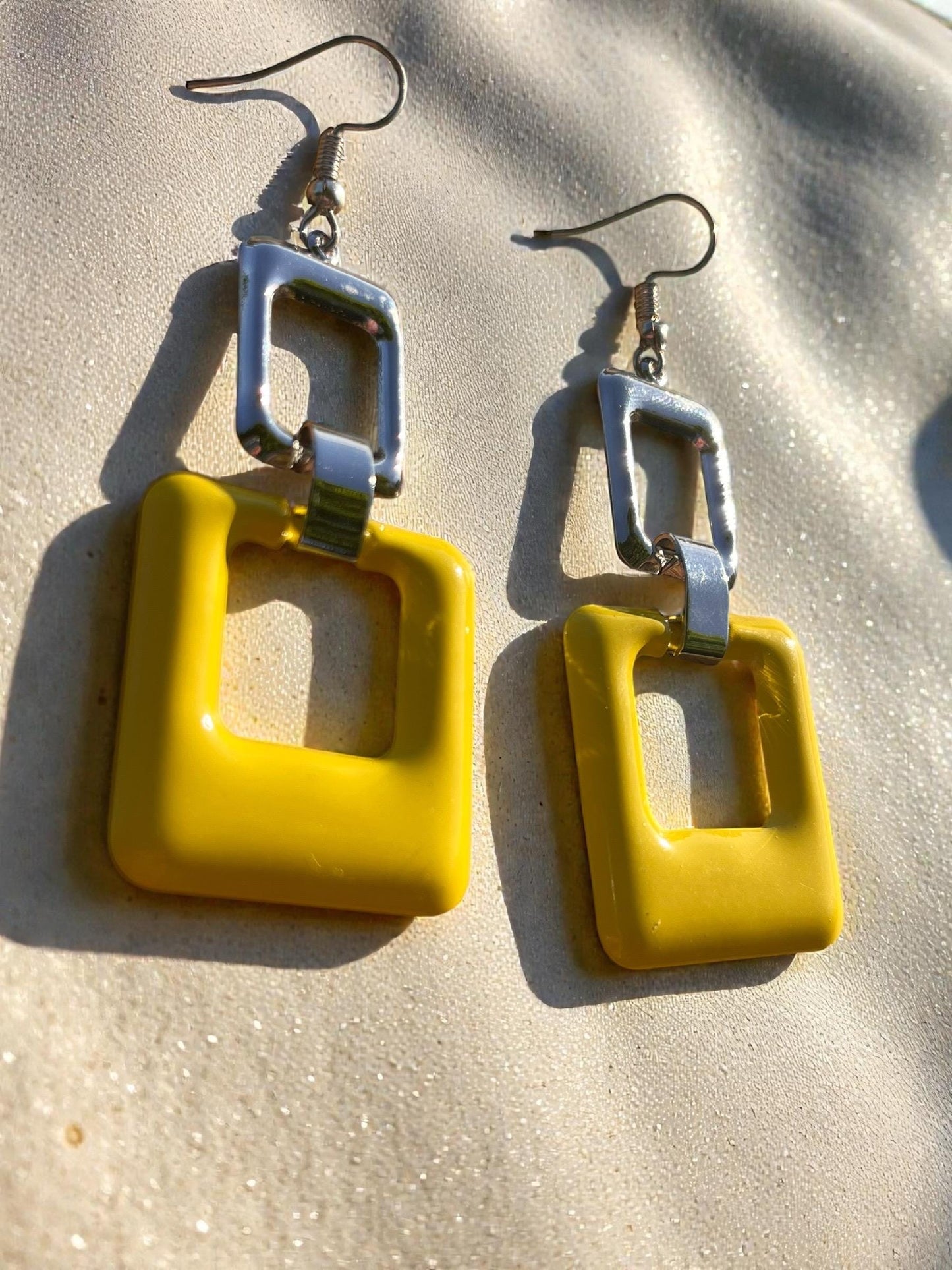 Modern Geometric Statement Earrings | 3” Lightweight Color Block Drop | Yellow & Silver Square Dangles