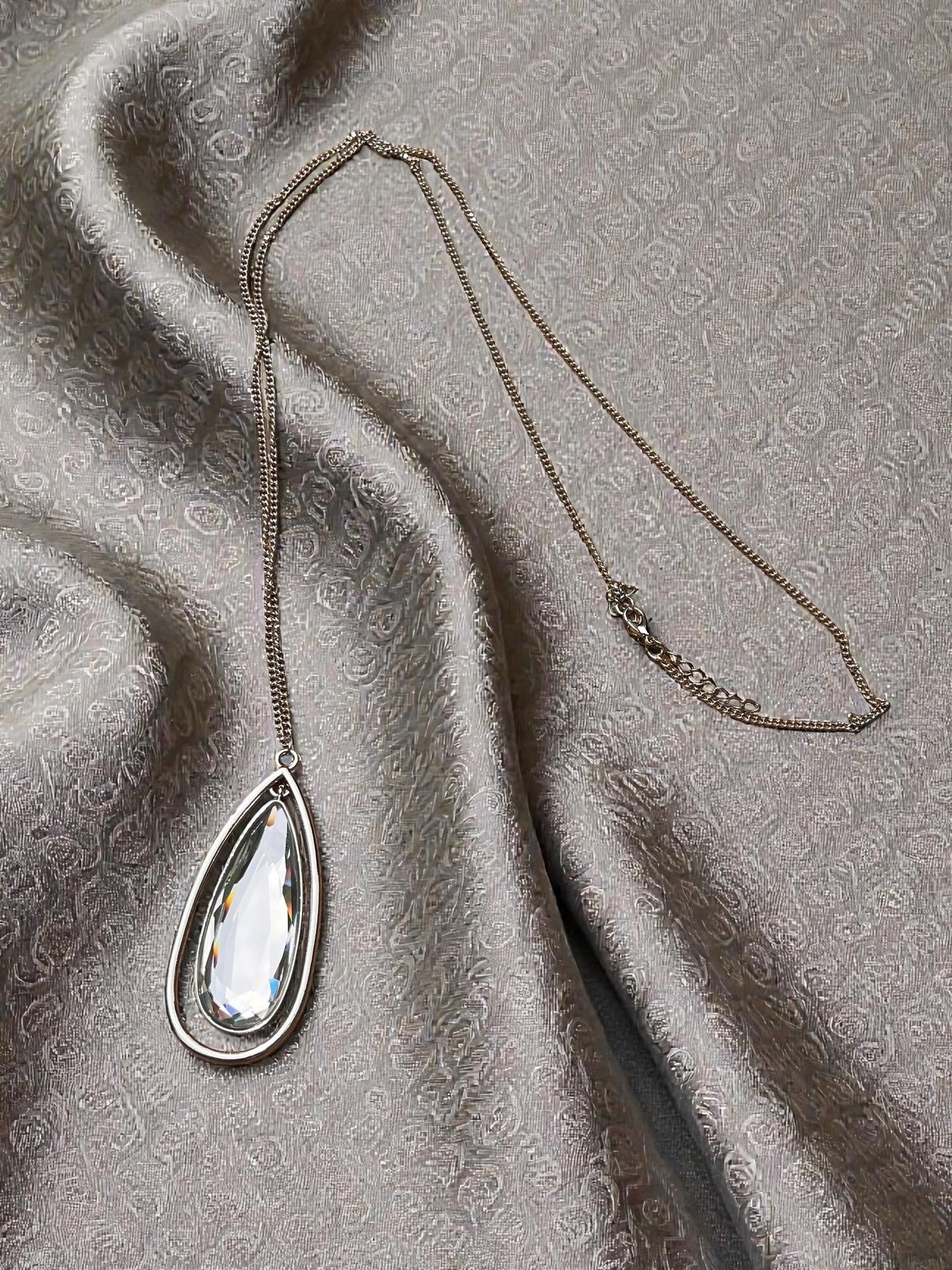 Large Teardrop Crystal Pendant Necklace, Boho Silver Statement Chain