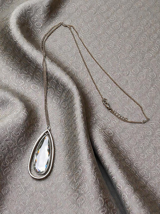 Large Teardrop Crystal Pendant Necklace, Boho Silver Statement Chain