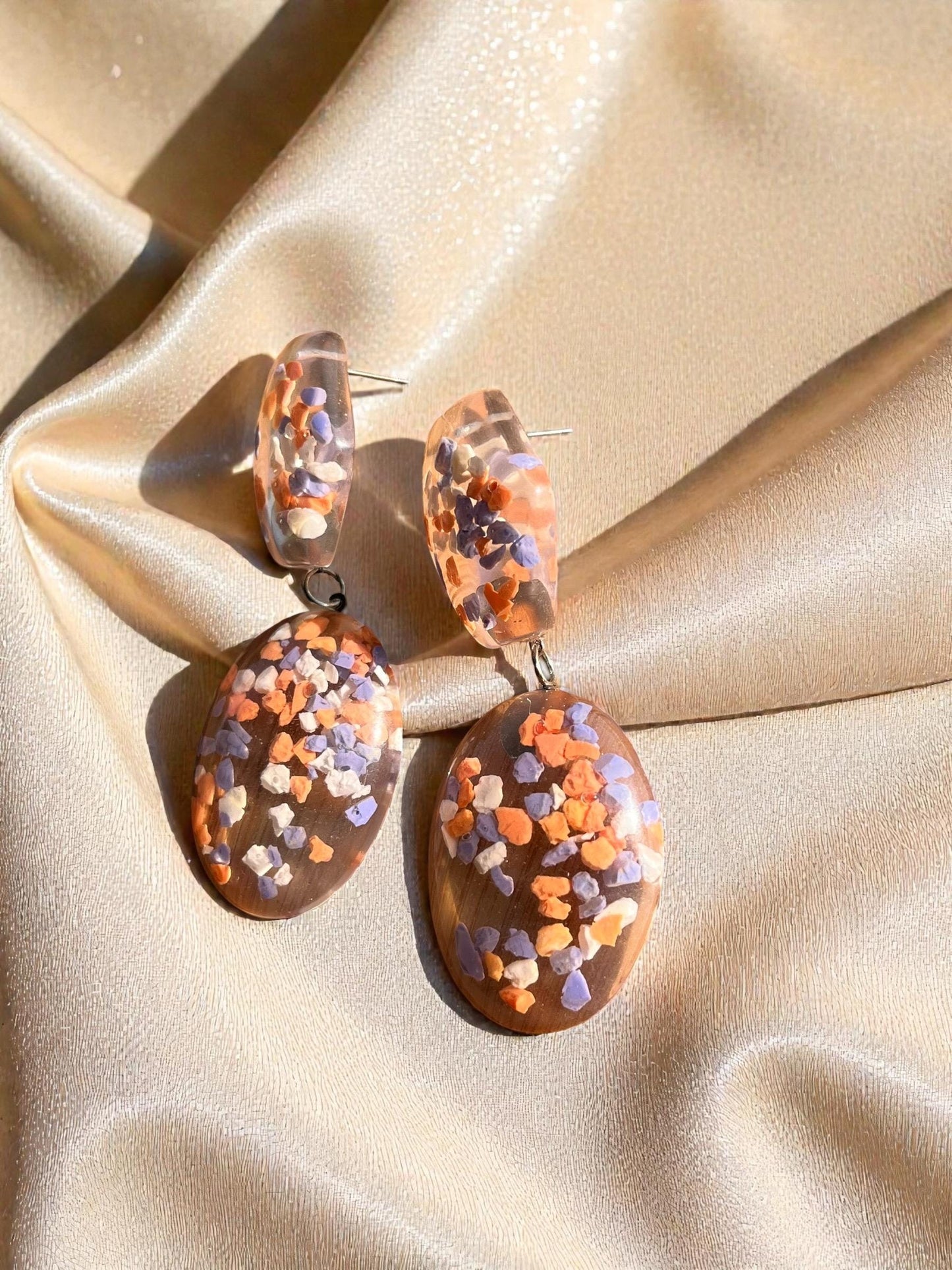 Abstract Terrazzo Resin Drop Earrings | 3” Lightweight Orange Confetti Statement Earrings