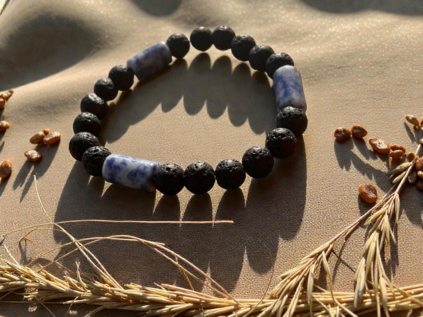 Black Lava Stone Bracelet with Blue Sodalite Style Beads, Men’s Stretch Bracelet, Unisex Minimalist Jewelry, Grounding Stone Gift