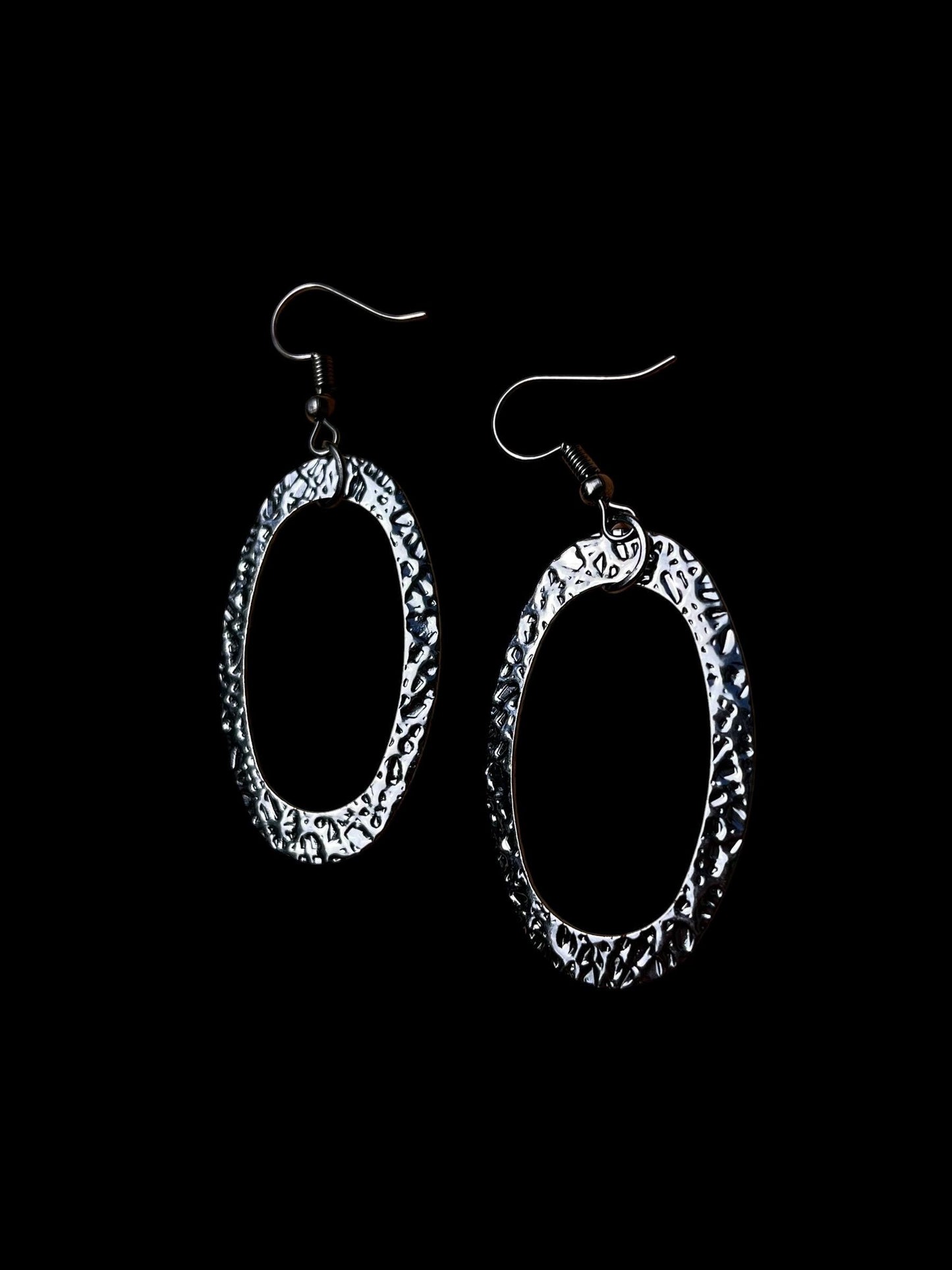 Hammered Gunmetal Hoop Earrings | Modern Oval Dangle Earrings | Minimalist Statement Jewelry | Lightweight Black Silver Earrings