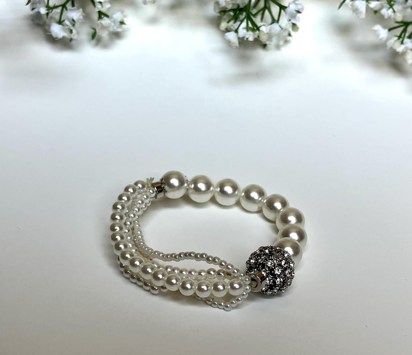 Pearl Statement Bracelet with Rhinestones | Bridal Pearl Bracelet | Vintage Glam Wedding Jewelry | Multi Strand Pearl Elegant Bracelet