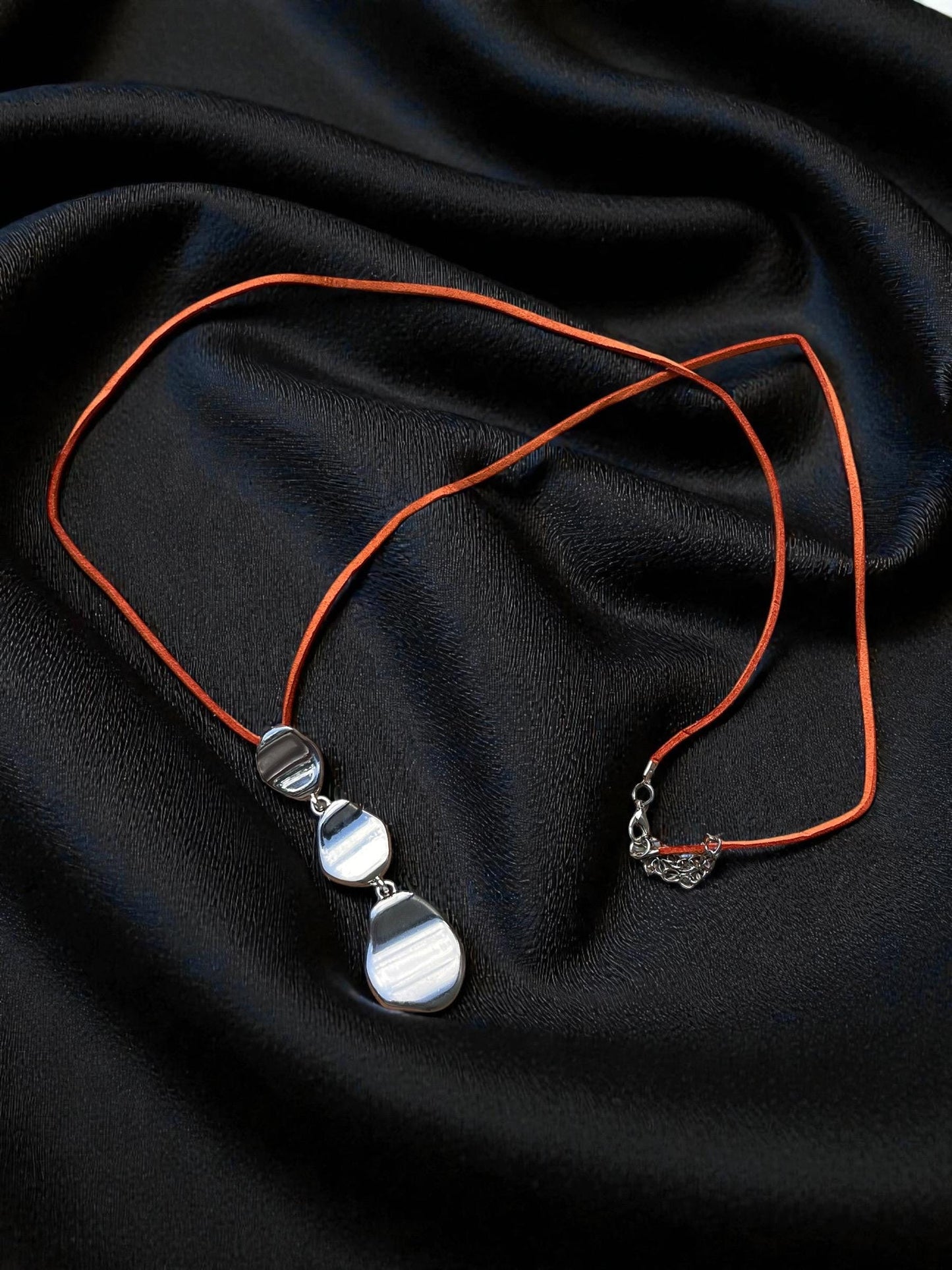 Abstract Silver Pendant Necklace | Modern Boho Leather Cord Necklace | Artisan Statement Jewelry | Minimalist Silver Drop Pendant