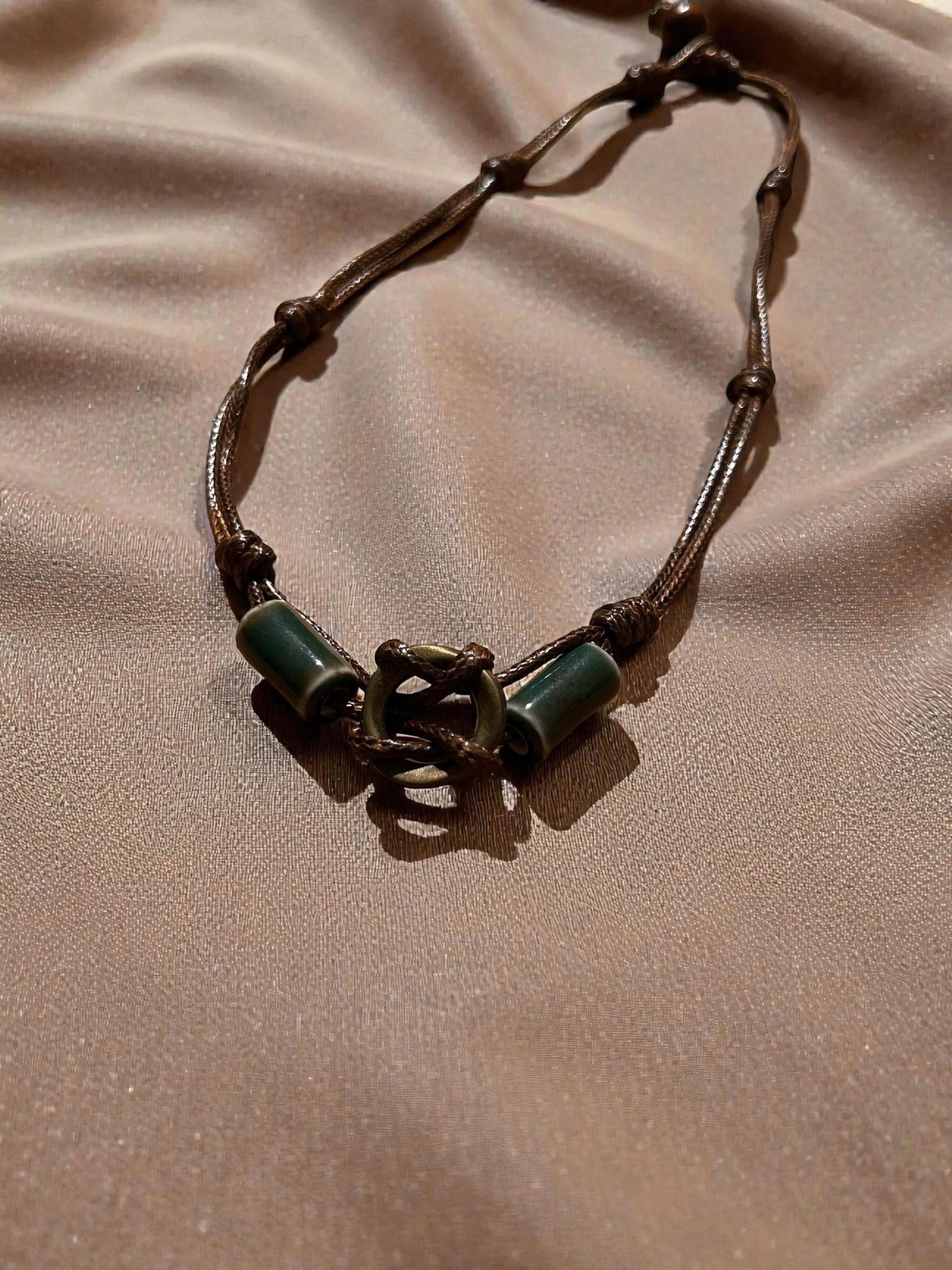 Boho Adjustable Cord Necklace for Men, Artisan Ceramic Bead Necklace, Rustic Earth Tone Pendant Necklace, Minimalist Bohemian Jewelry