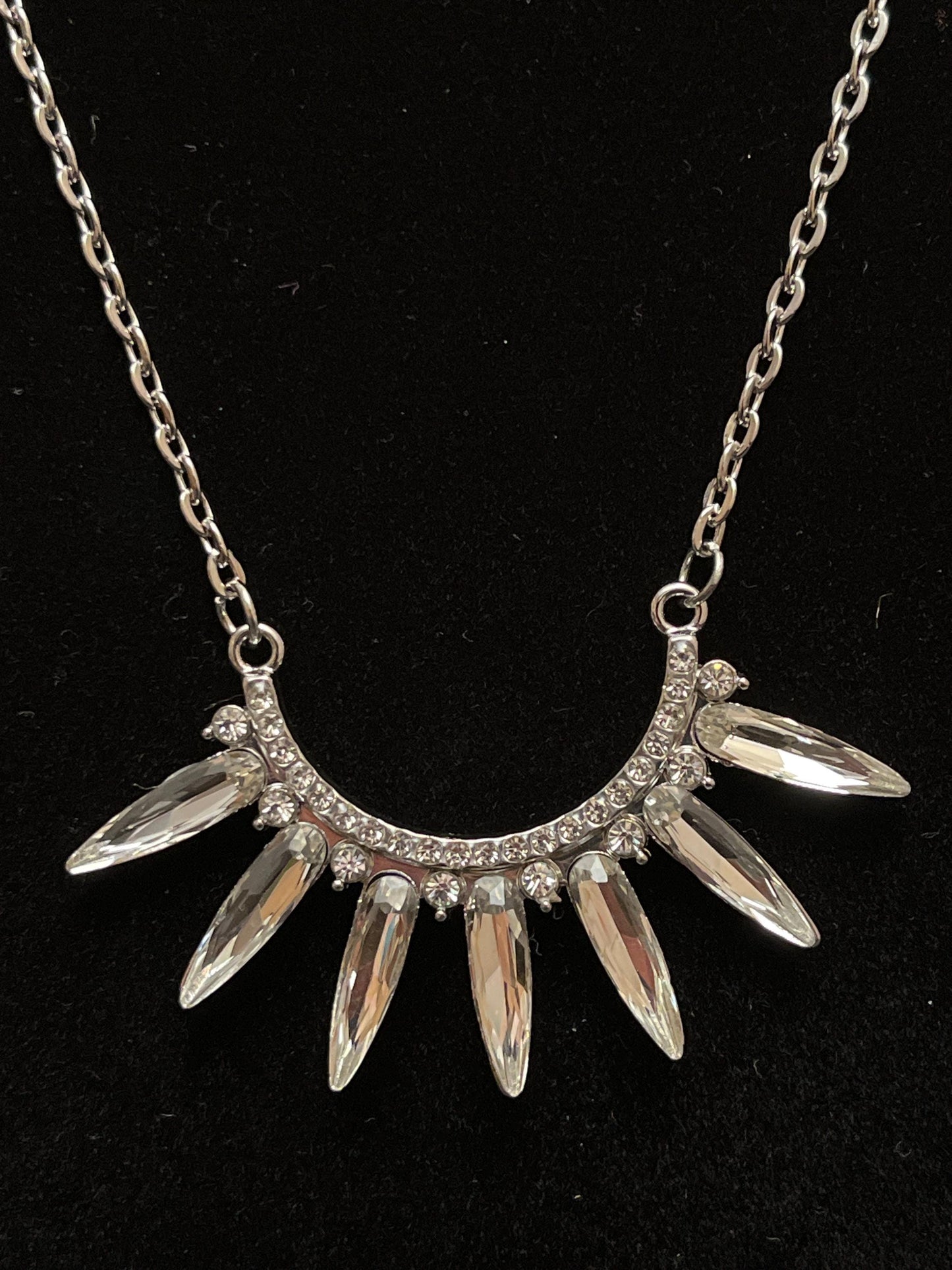 Silver Sunburst Crystal Spike Necklace, Bohemian Statement Jewelry