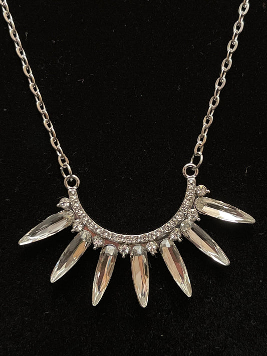 Silver Sunburst Crystal Spike Necklace, Bohemian Statement Jewelry