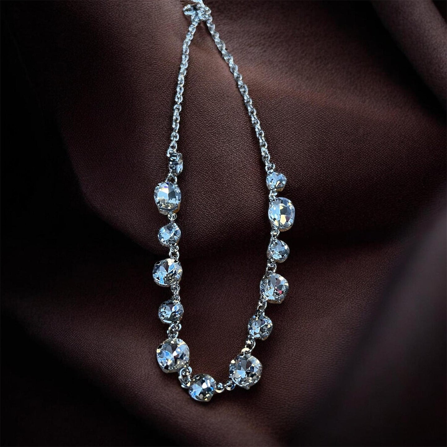 Silver Crystal Station Necklace, Elegant Bridal Wedding Jewelry