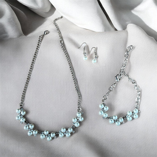 Ivory Pearl Cluster Jewelry Set, Bridal Necklace Bracelet Earrings, Silver-tone Crystal Accents