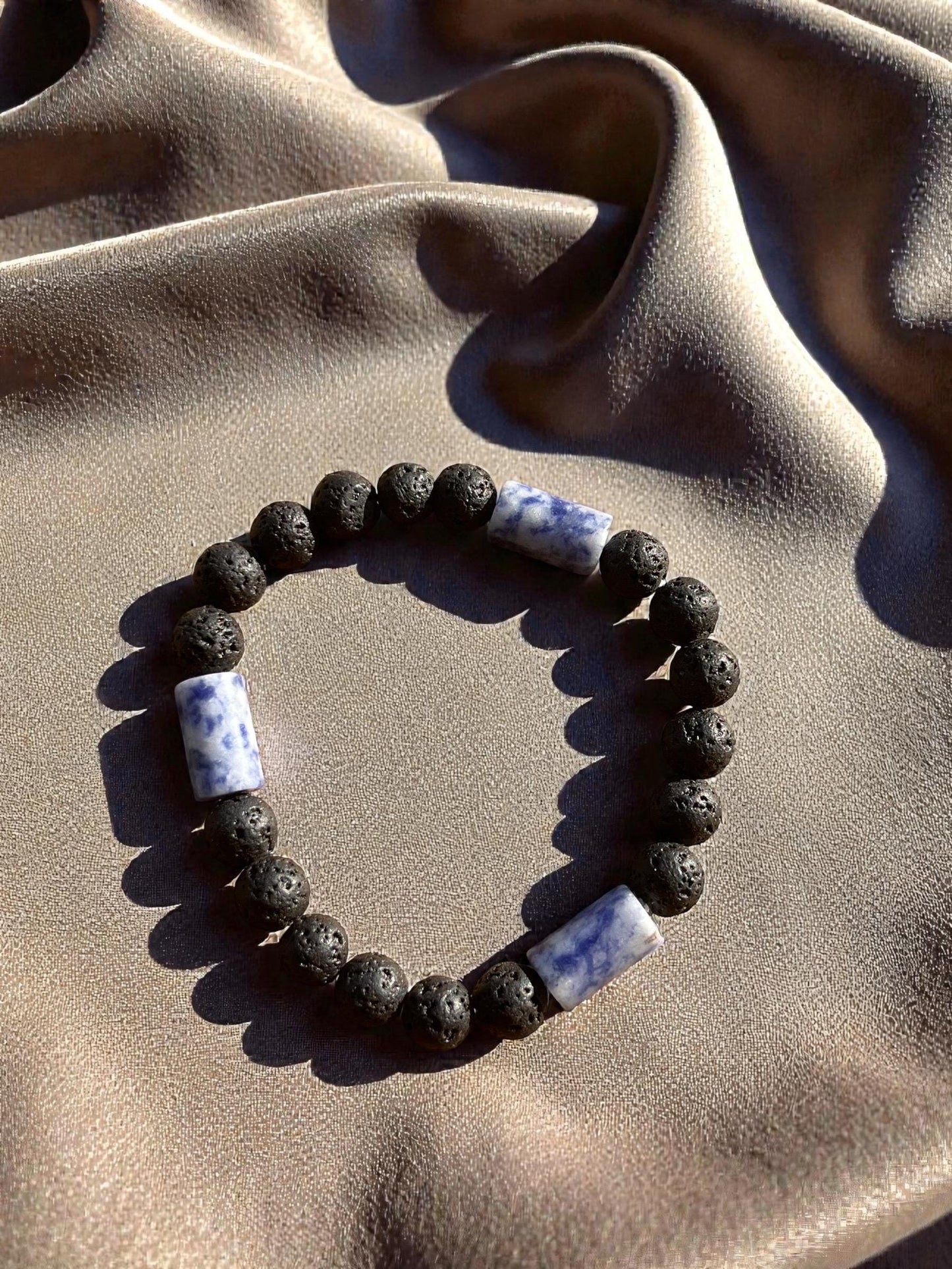 Black Lava Stone Bracelet with Blue Sodalite Style Beads, Men’s Stretch Bracelet, Unisex Minimalist Jewelry, Grounding Stone Gift