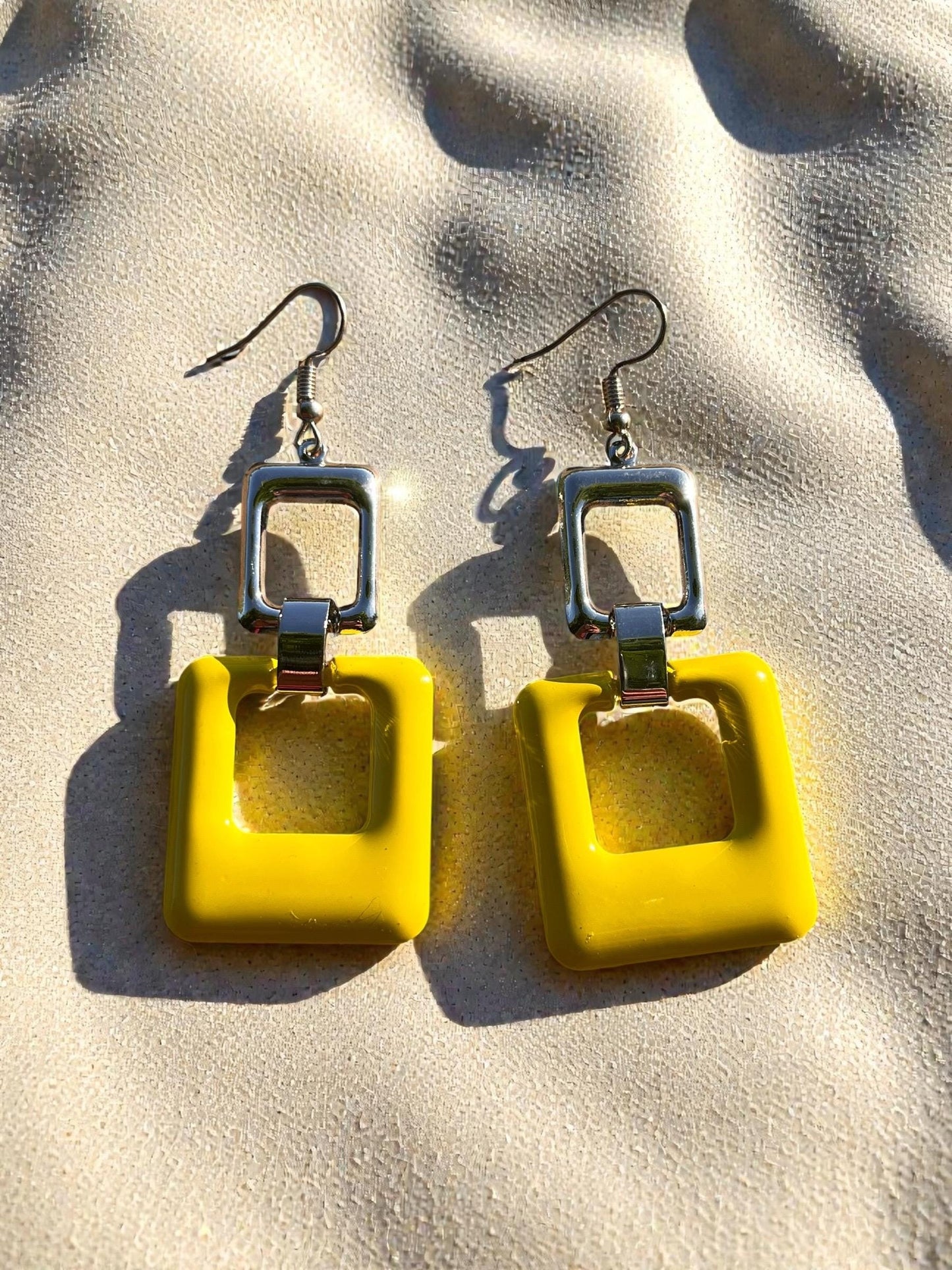 Modern Geometric Statement Earrings | 3” Lightweight Color Block Drop | Yellow & Silver Square Dangles