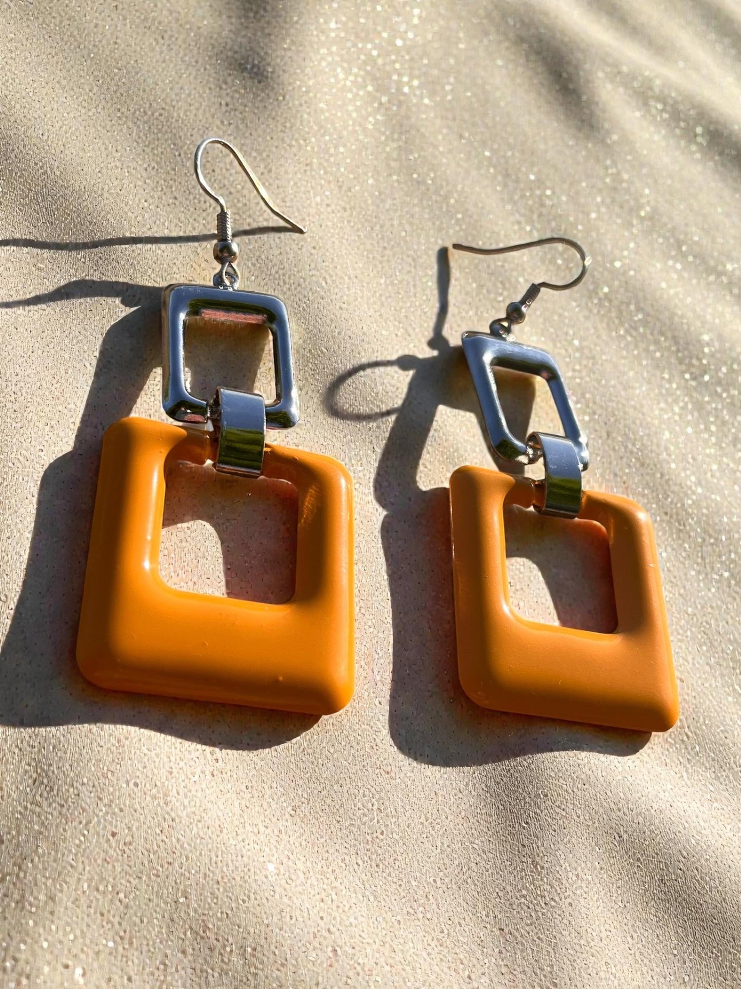 Modern Geometric Statement Earrings | 3” Lightweight Color Block Drop | Yellow & Silver Square Dangles