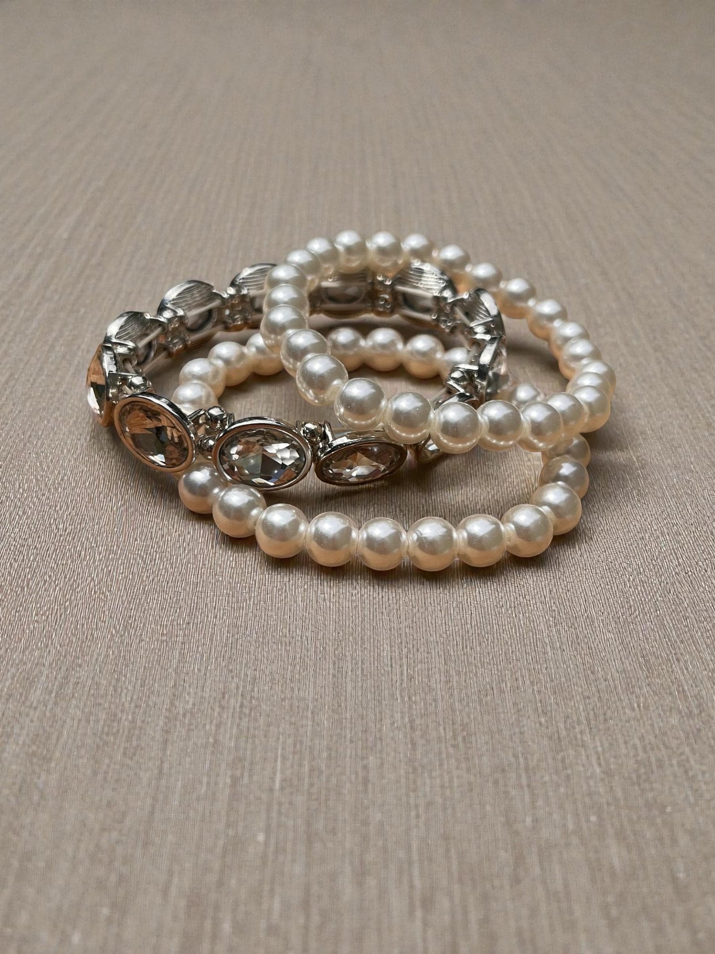 Pearl Bracelet Set with Rhinestones | Bridal Jewelry Set | Elegant White Beaded Stretch Bracelets | Wedding Jewelry | Classic Glam