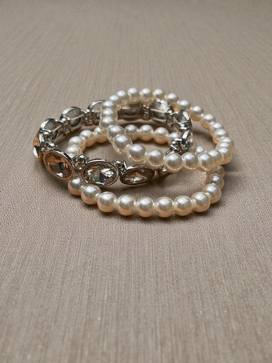 Pearl Bracelet Set with Rhinestones | Bridal Jewelry Set | Elegant White Beaded Stretch Bracelets | Wedding Jewelry | Classic Glam