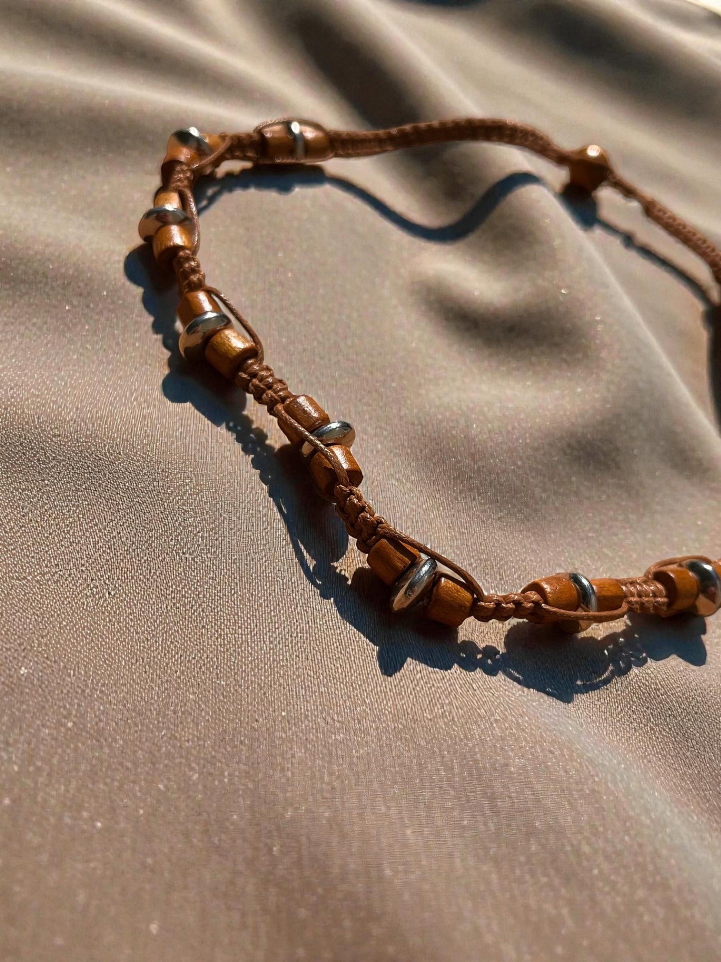 Boho Wood Bead Necklace, Woven Cord Beaded Necklace, Natural Wooden Jewelry, Earthy Festival Necklace, Unisex Bohemian Style