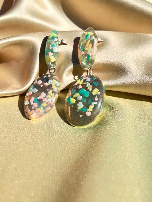 Abstract Terrazzo Resin Drop Earrings | 3” Lightweight Green Confetti Statement Earrings