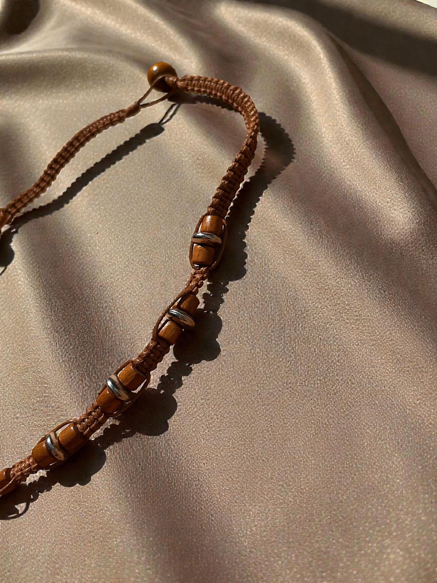 Boho Wood Bead Necklace, Woven Cord Beaded Necklace, Natural Wooden Jewelry, Earthy Festival Necklace, Unisex Bohemian Style