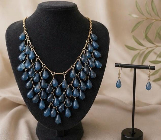 Layered Blue Teardrop Bib Necklace and Earrings Set | Boho Evening Jewelry