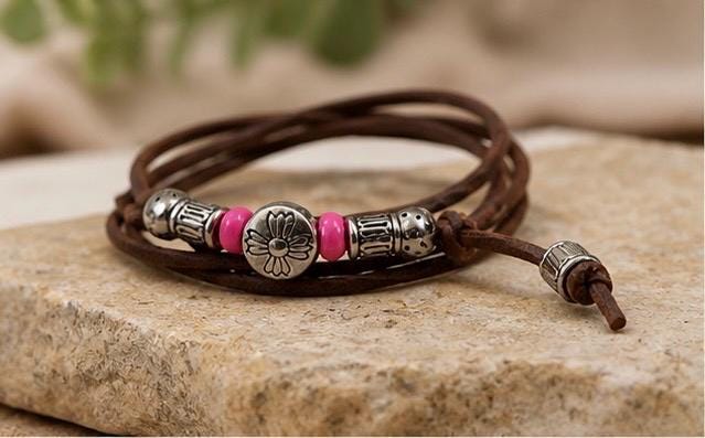 Boho Leather Wrap Bracelet for Men or Women, Brown Cord Bracelet with Pink Beads, Adjustable Rustic Jewelry, Minimalist Stackable Gift