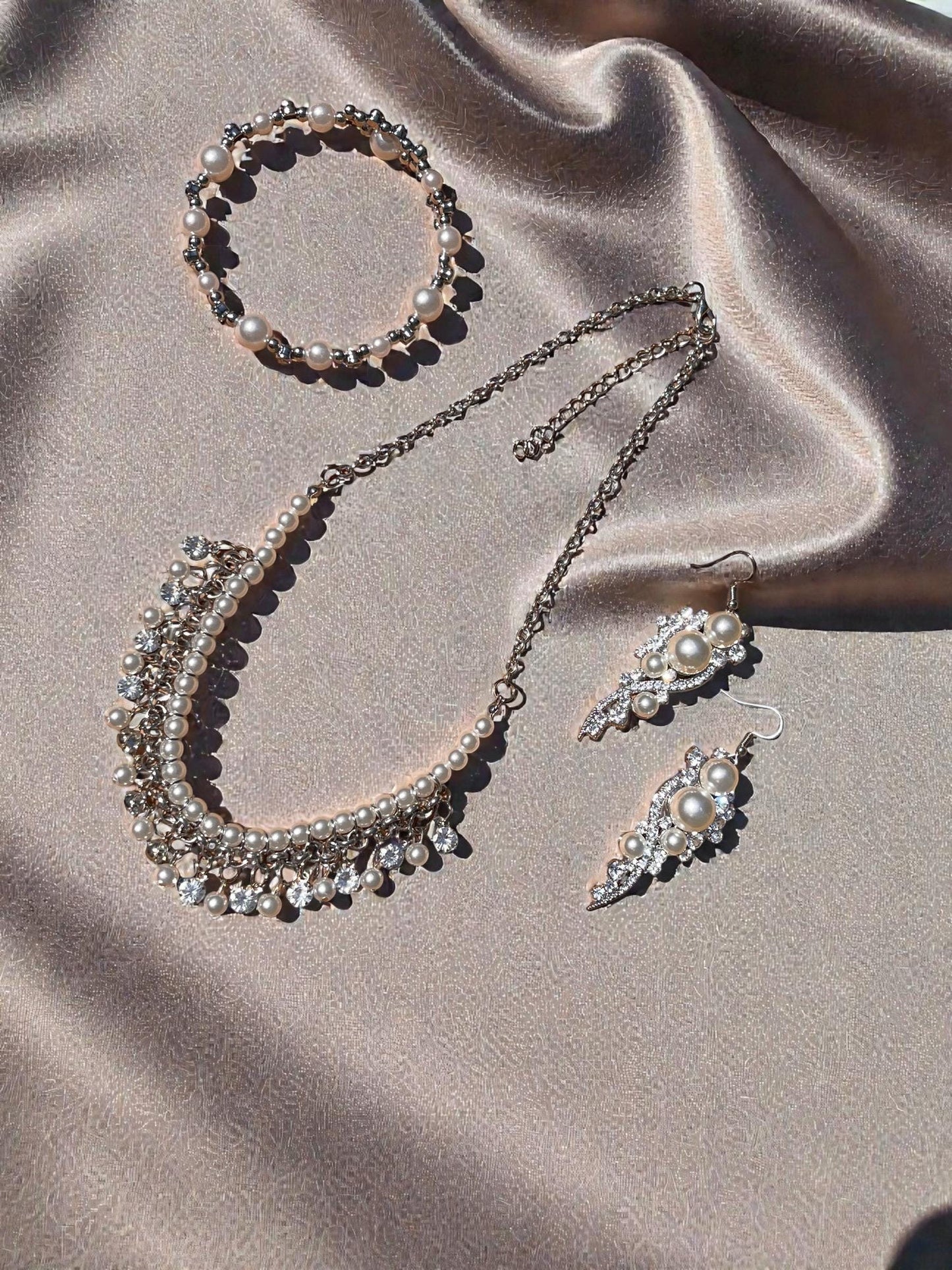 Pearl Bridal Jewelry Set, Necklace Earrings Bracelet, Rhinestone Elegant Wedding Accessory