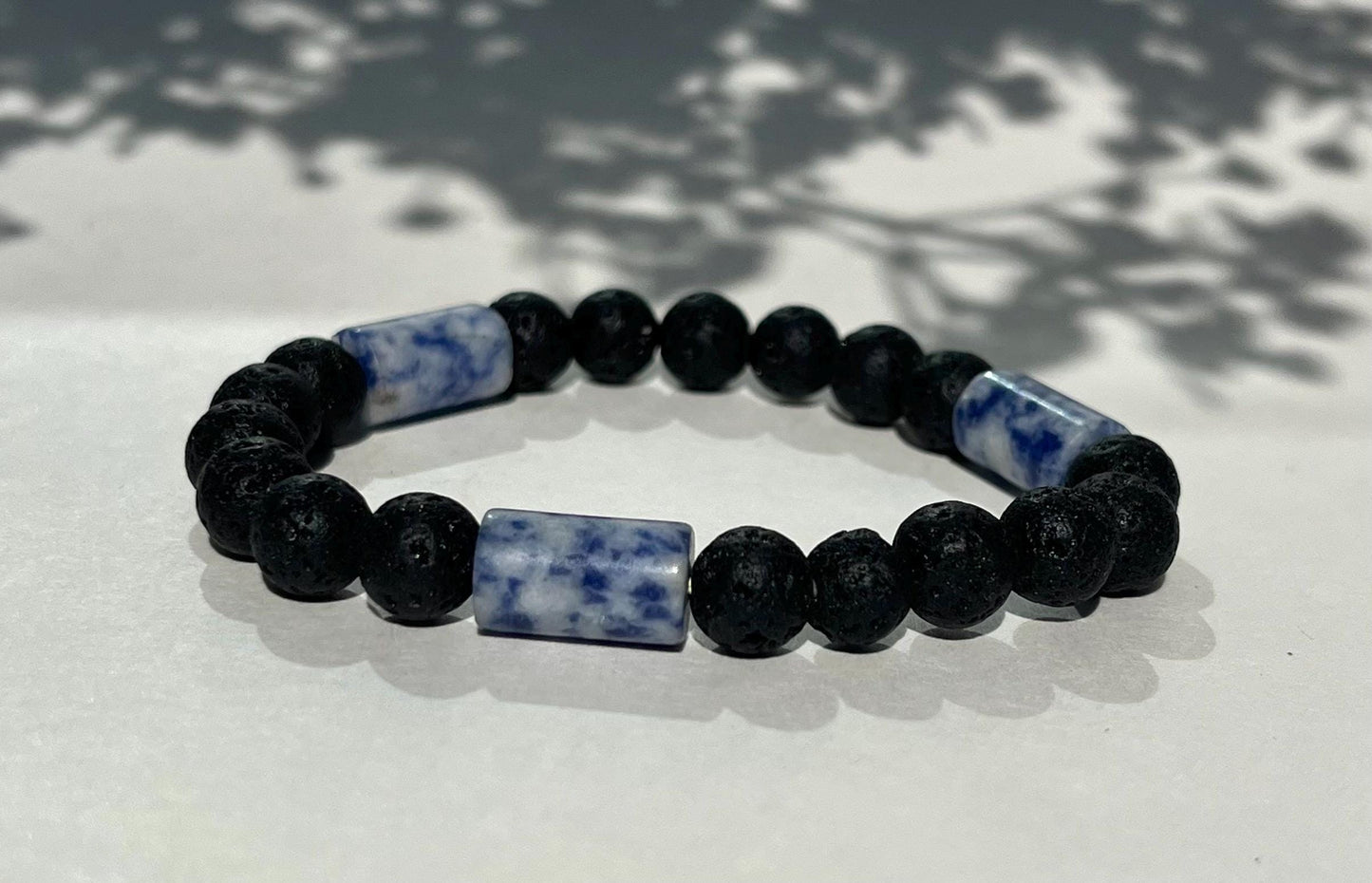 Black Lava Stone Bracelet with Blue Sodalite Style Beads, Men’s Stretch Bracelet, Unisex Minimalist Jewelry, Grounding Stone Gift