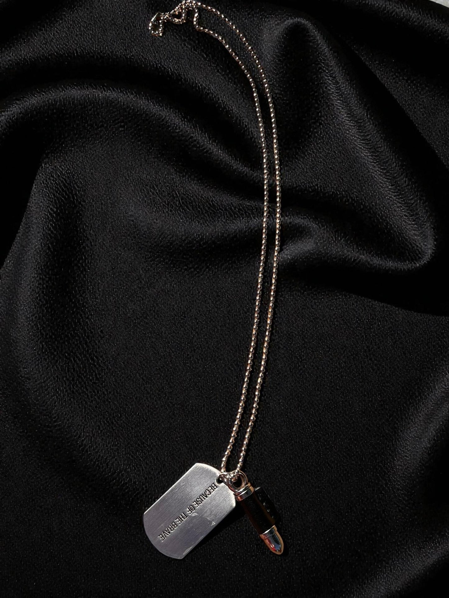 Because of the Brave Bullet & Dog Tag Necklace | Military Inspired Silver Pendant Necklace | Patriotic Unisex Jewelry | Memorial Gift