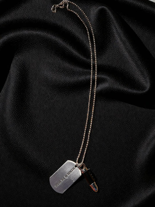 Because of the Brave Bullet & Dog Tag Necklace | Military Inspired Silver Pendant Necklace | Patriotic Unisex Jewelry | Memorial Gift