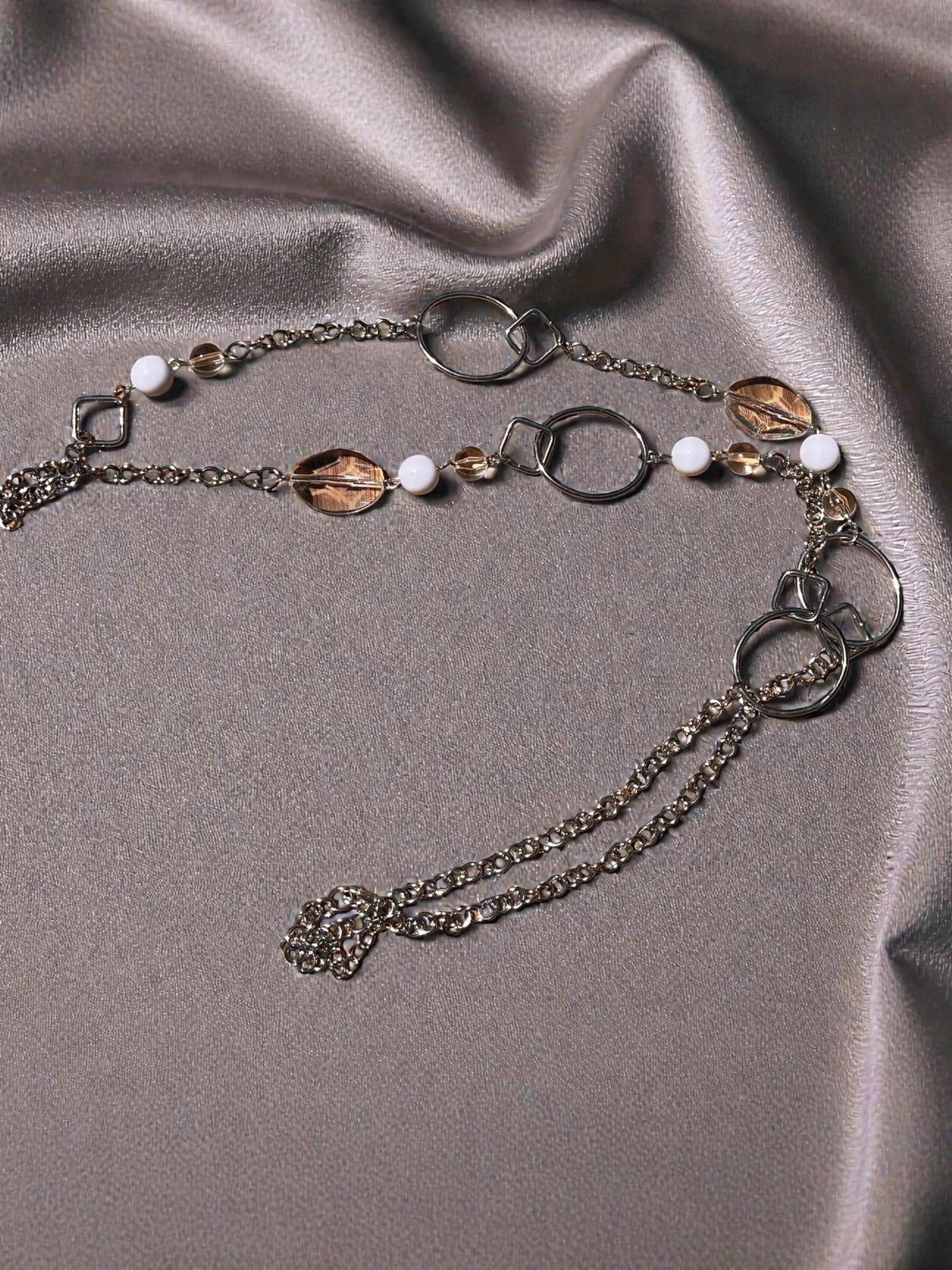 Long Silver Statement Necklace, Modern Geometric Necklace, Crystal Beaded Long Necklace, Minimalist Silver Chain Necklace, Everyday Chic