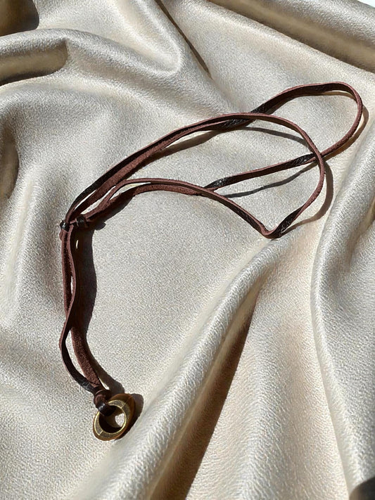 Rustic Leather Cord Pendant Necklace | Boho Leather Necklace with Antique Brass Bead | Minimalist Unisex Jewelry | Earthy Bohemian Necklace