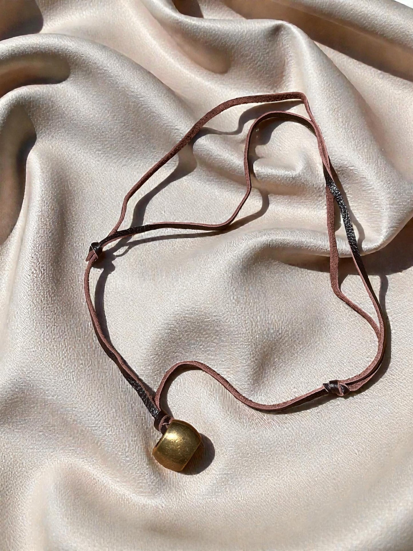 Rustic Leather Cord Pendant Necklace | Boho Leather Necklace with Antique Brass Bead | Minimalist Unisex Jewelry | Earthy Bohemian Necklace