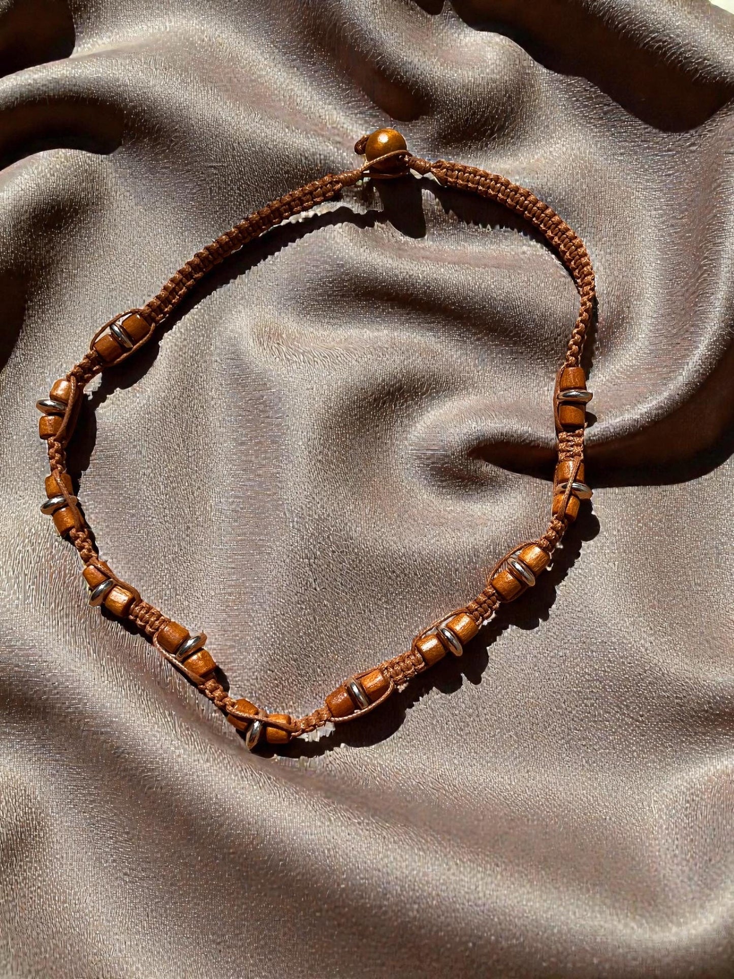 Boho Wood Bead Necklace, Woven Cord Beaded Necklace, Natural Wooden Jewelry, Earthy Festival Necklace, Unisex Bohemian Style