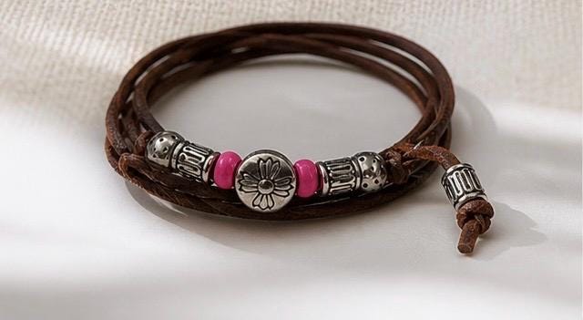 Boho Leather Wrap Bracelet for Men or Women, Brown Cord Bracelet with Pink Beads, Adjustable Rustic Jewelry, Minimalist Stackable Gift