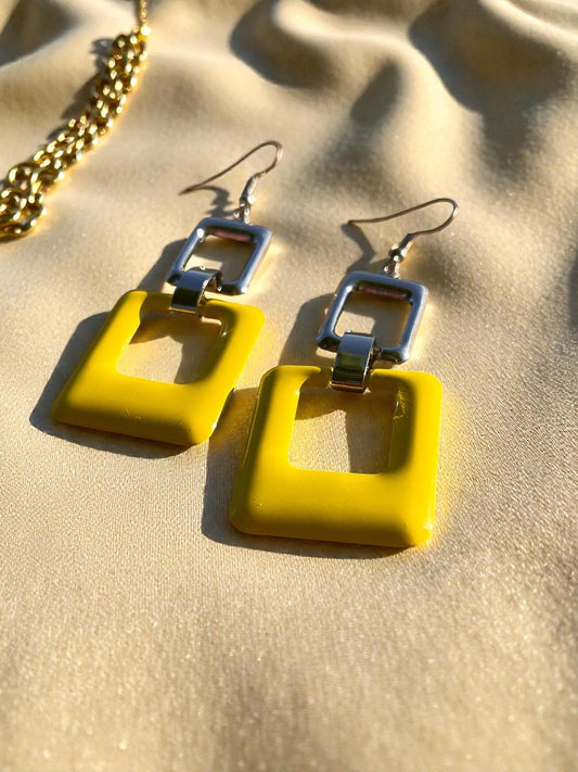 Modern Geometric Statement Earrings | 3” Lightweight Color Block Drop | Yellow & Silver Square Dangles