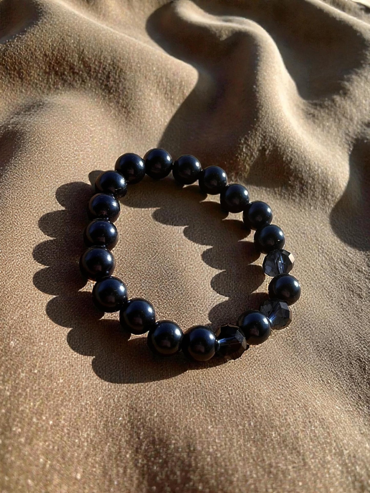 Navy Beaded Bracelet, Stretch Bracelet with Crystal Accents, Minimalist Black Jewelry, Elegant Stackable Bracelet, Everyday Bracelet, Gift
