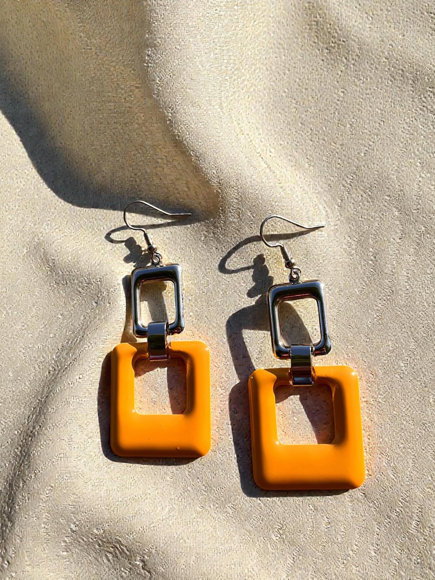 Modern Geometric Statement Earrings | 3” Lightweight Color Block Drop | Yellow & Silver Square Dangles
