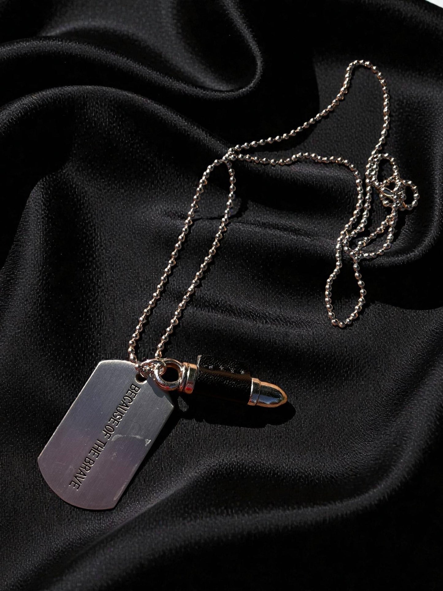 Because of the Brave Bullet & Dog Tag Necklace | Military Inspired Silver Pendant Necklace | Patriotic Unisex Jewelry | Memorial Gift