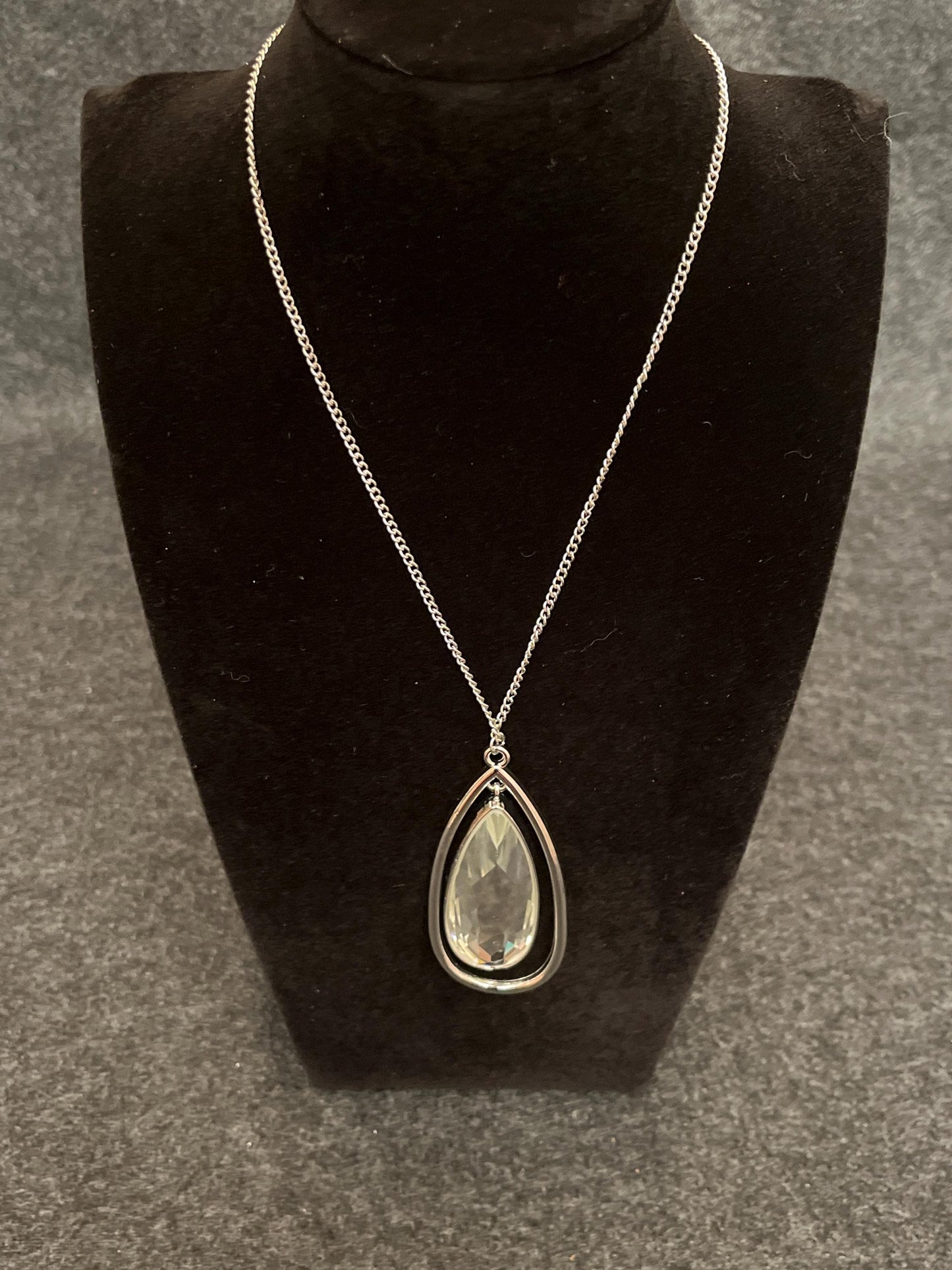 Large Teardrop Crystal Pendant Necklace, Boho Silver Statement Chain
